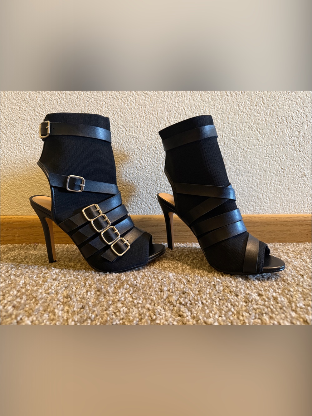 Nicole Miller Black Strappy Buckle Peep-Toe Stiletto Booties